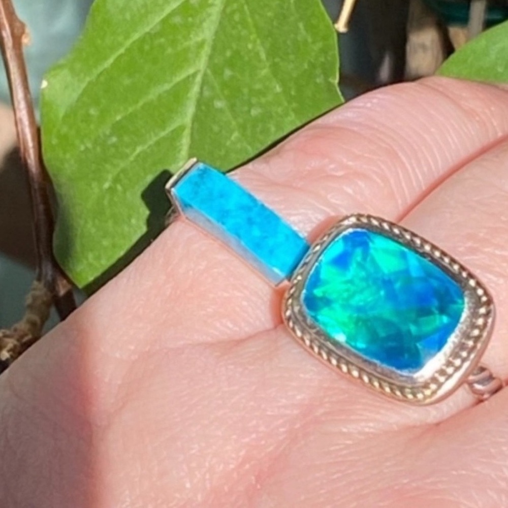 14k white gold + 925 Blue Green Stone Ring size 7